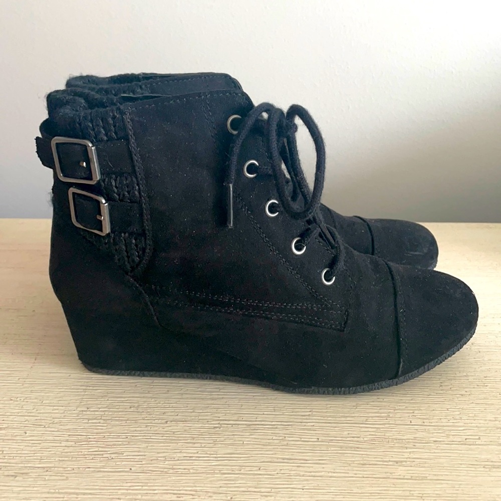 Girls black lace up wedge booties